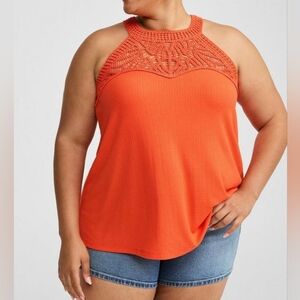 Torrid Orange Jersey Goddess Neck Crochet Boho Swing Tank Top Size 3X